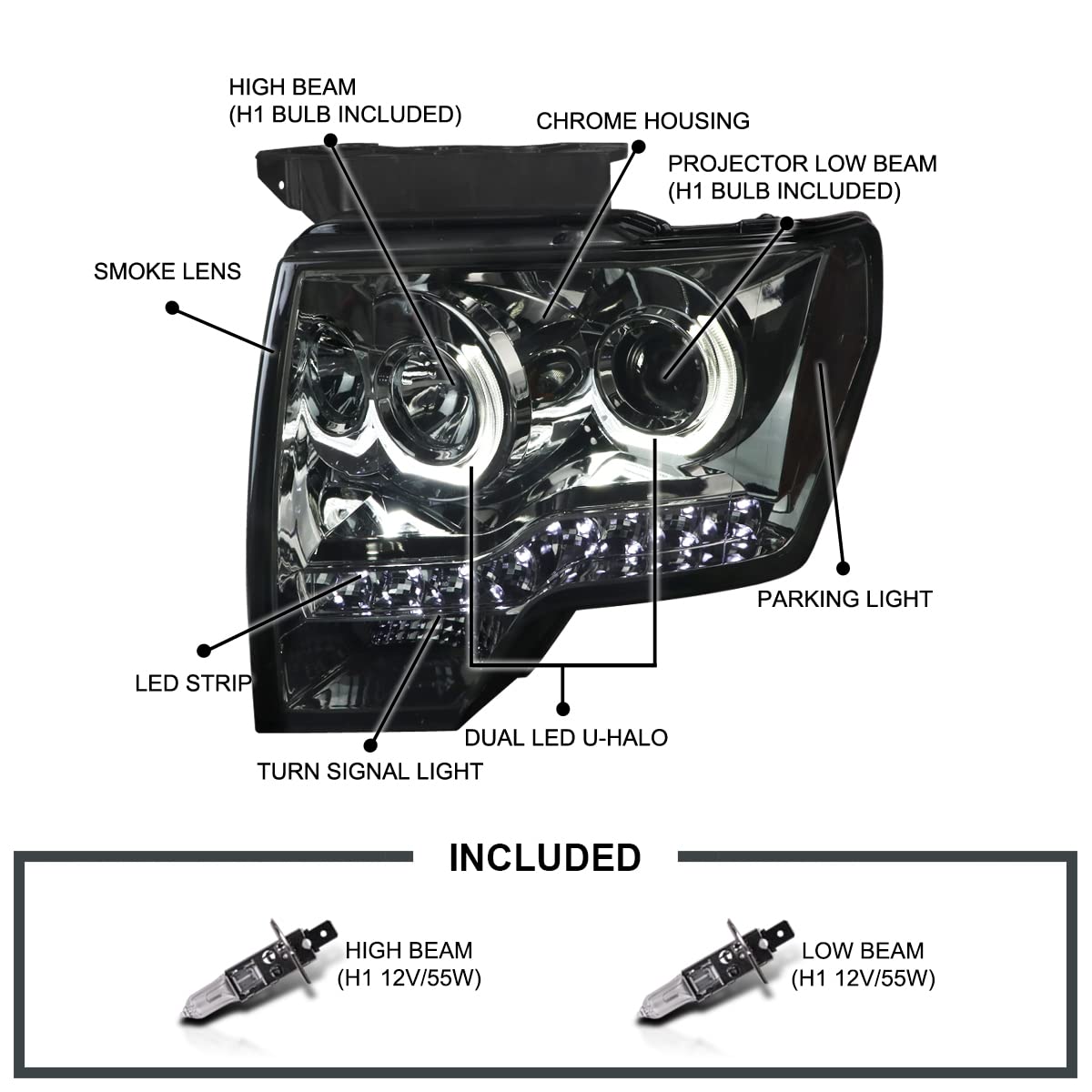 Spec-D Tuning LED U-Halo Rims Smoke Lens Projector Headlights Lamps Compatible with 2009-2014 Ford F150, Left + Right Pair Headlamps Assembly