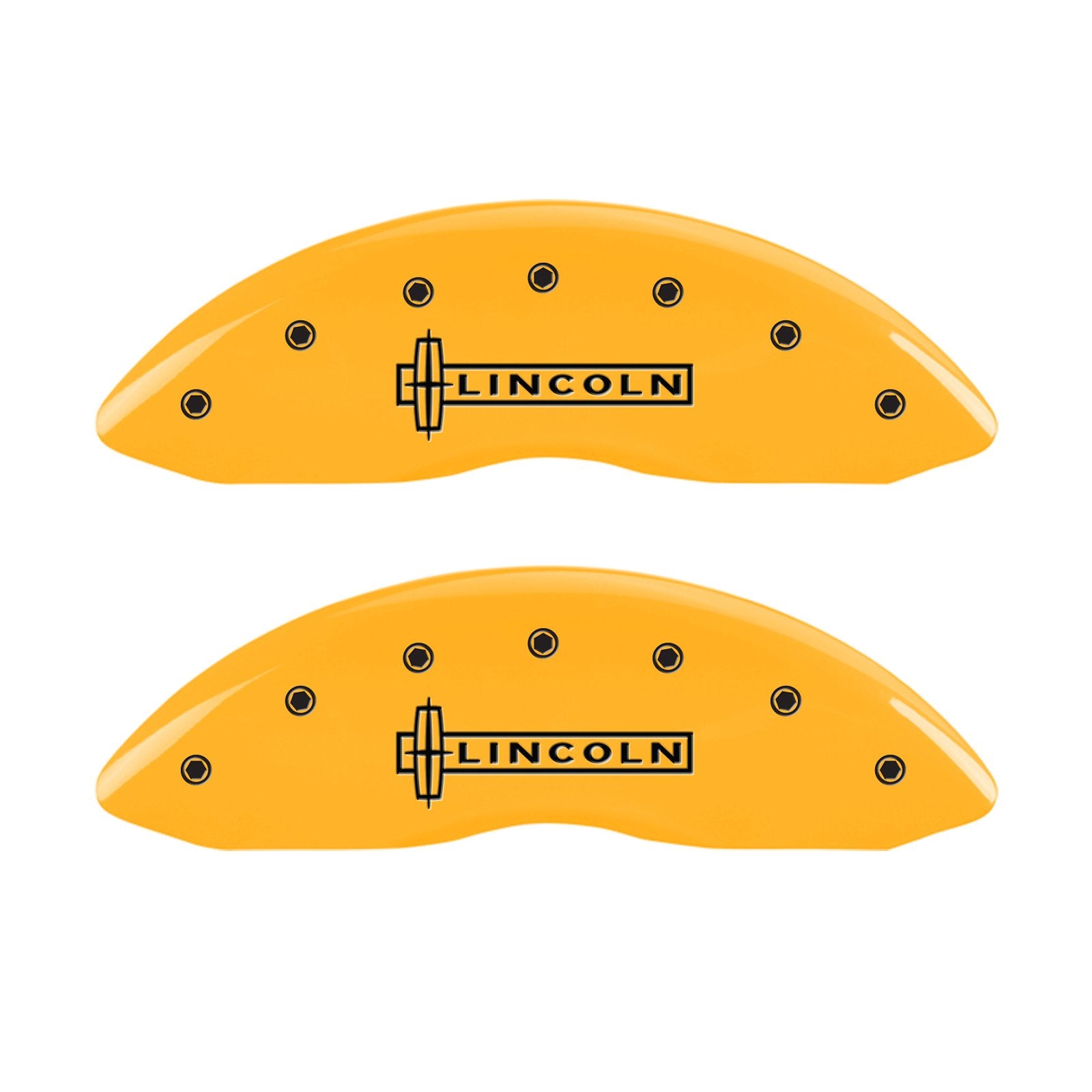 Caliper Covers MGP 36019SLCSYL, Set of 4 (Yellow Engraved Front: Lincoln - Engraved Rear: MKS Powder Coat Finish Black Characters)