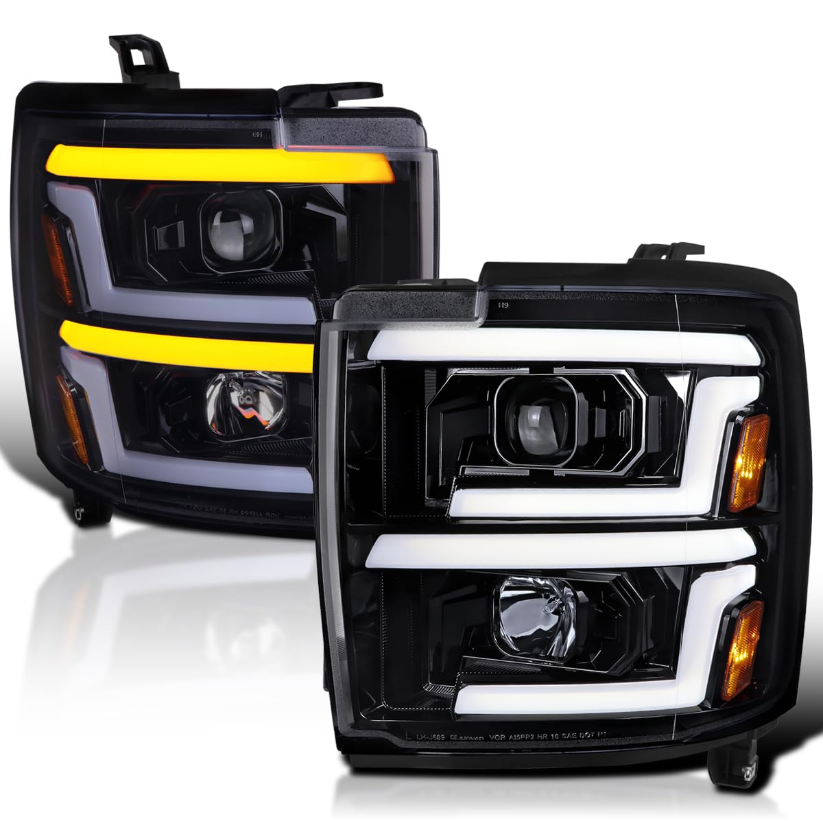 Glossy Black Smoke SPEC-D TUNING Projector Headlights w/Sequential Switchback LED Signal Lamps Compatible with 2015-2019 Chevy Silverado 2500HD 3500HD