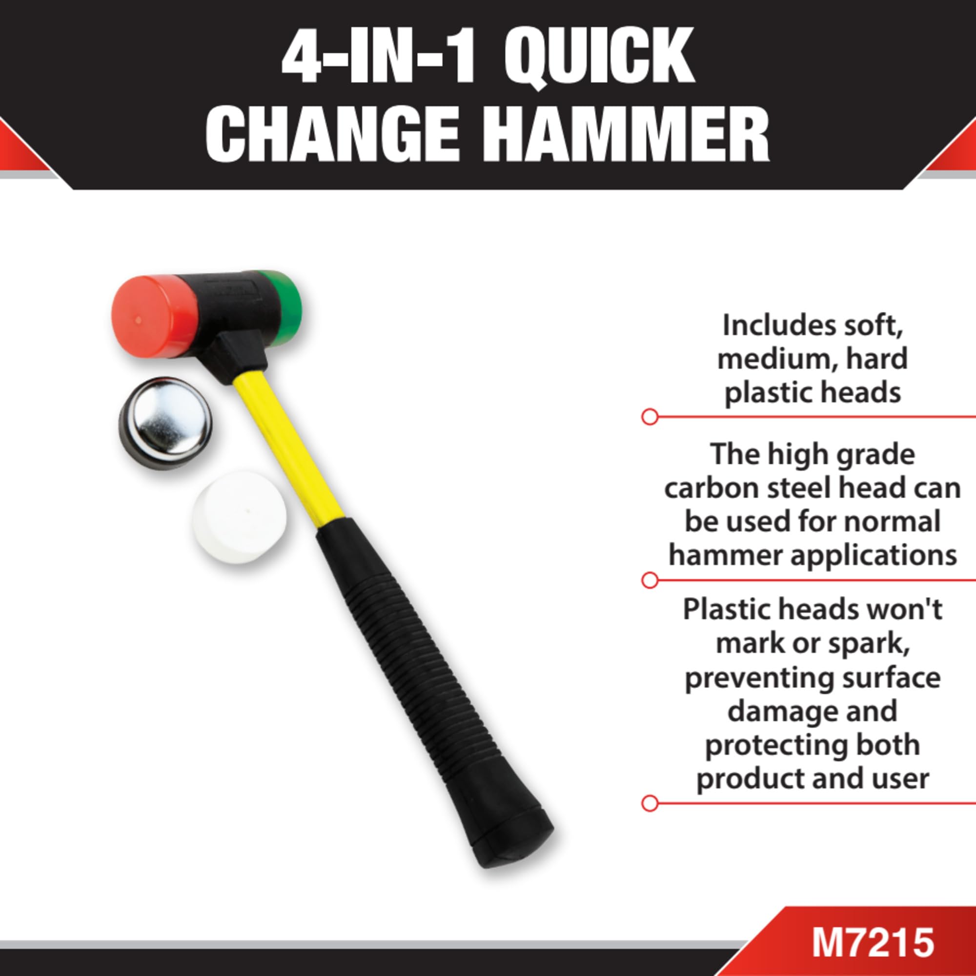 M7215 Performance Tool Soft/Medium/Hard Plastic Head Hammer with Carbon Steel Head and Fiberglass Handle for Surface Protection and Comfortable Use