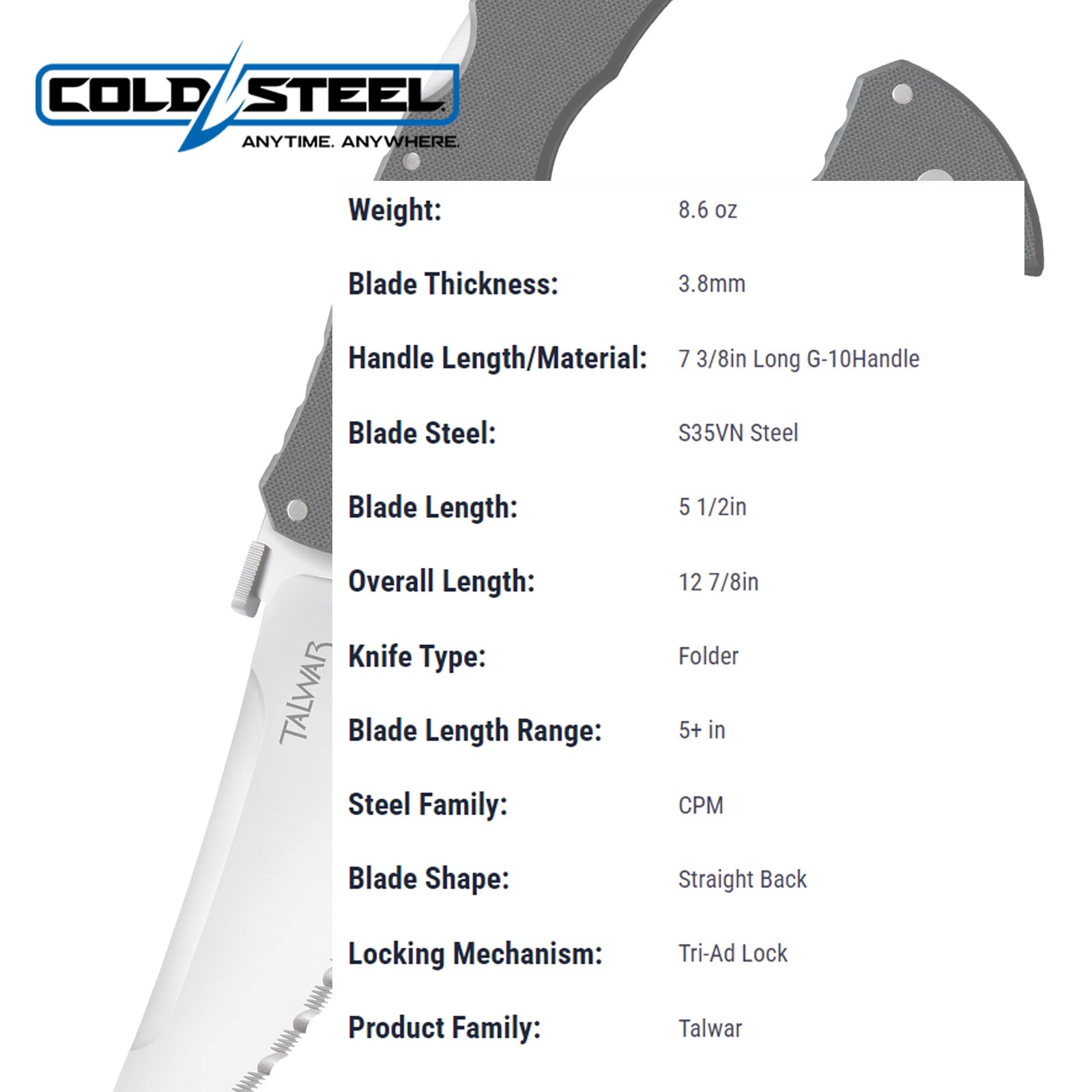 Cold Steel 5.5" Talwar S35VN Steel Ultra-Sharp Serrated Blade 7.375" G10 Handle Tactical Pocket Folding Knife with Tri-Ad Locking Mechanism,Multi Color