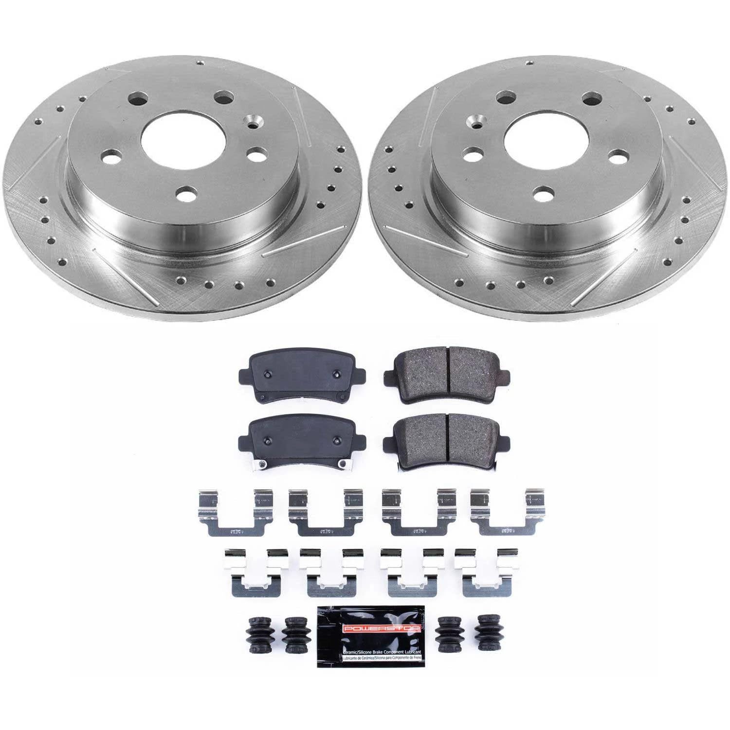 Power Stop K5531 Z23 Carbon Fiber Brake Pads Rear with Drilled & Slotted Brake Rotors Kit For Buick LaCrosse, Buick Regal, Chevrolet Malibu, Chevrolet Malibu Limi, Saab 9-5 [Model Specific]