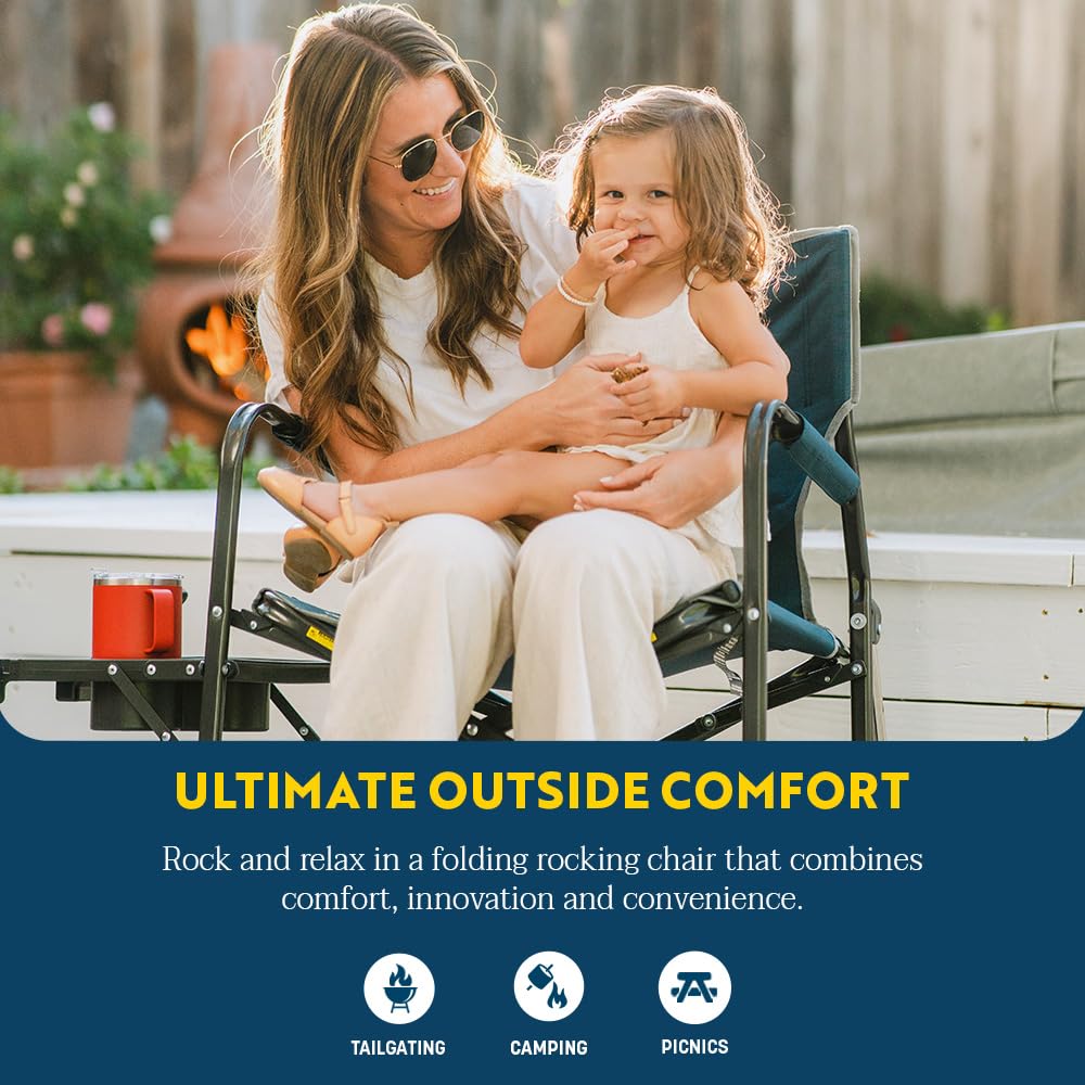 Freestyle Rocker GCI OUTDOOR with Side Table Camping Chair | Portable Folding Rocking Chair with Solid, Durable Armrests, Drink Holder & Comfortable Backrest — Heathered Indigo