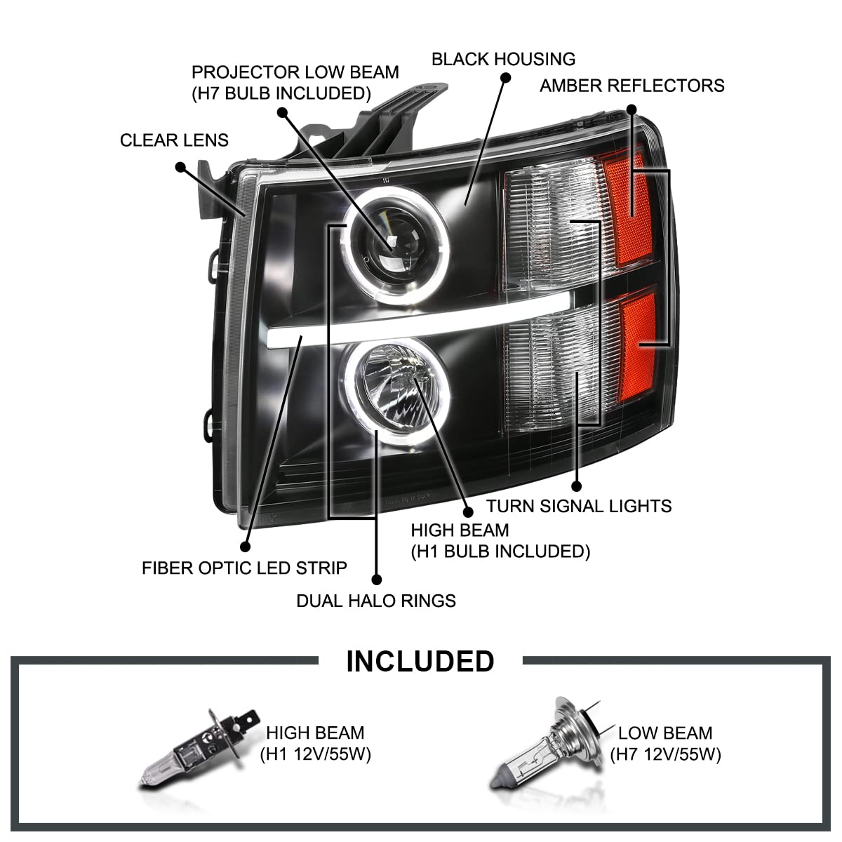Black LED Dual Halo Projector Headlights SPEC-D TUNING Compatible with 2007-2013 Chevy Silverado 1500, 2007-2014 Silverado 2500 3500, Left + Right Pair Headlamps Assembly