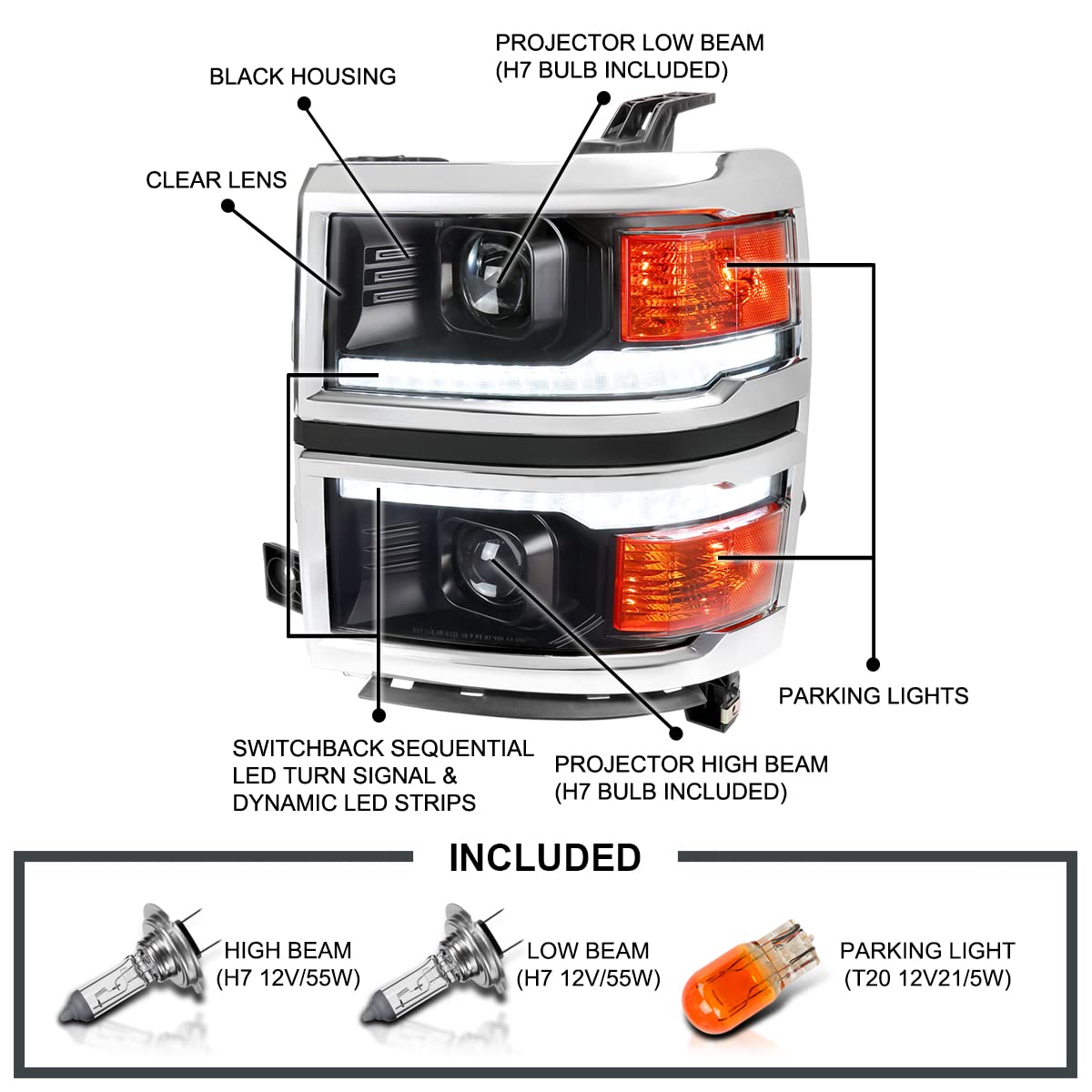Black w/Silver Trim SPEC-D TUNING Projector Headlights w/Sequential Switchback LED Strip and Startup Animation Compatible with 2014-2015 Chevy Silverado 1500, Left + Right Pair Headlamps Assembly