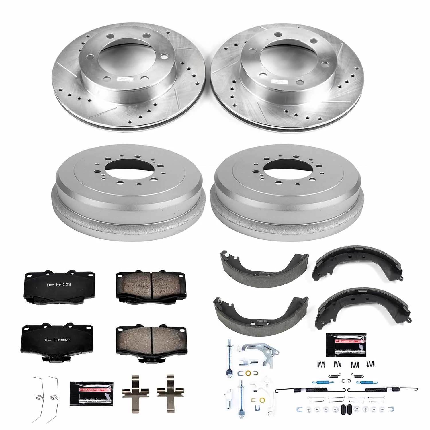 Power Stop K15097DK Z23 Carbon Fiber Brake Pads Front and Rear with Drilled & Slotted Brake Drums Kit For Toyota Tacoma 1995-2002 [Model Specific]