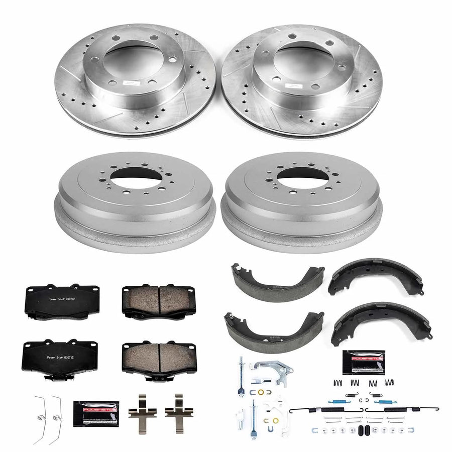 Power Stop K15097DK Z23 Carbon Fiber Brake Pads Front and Rear with Drilled & Slotted Brake Drums Kit For Toyota Tacoma 1995-2002 [Model Specific]