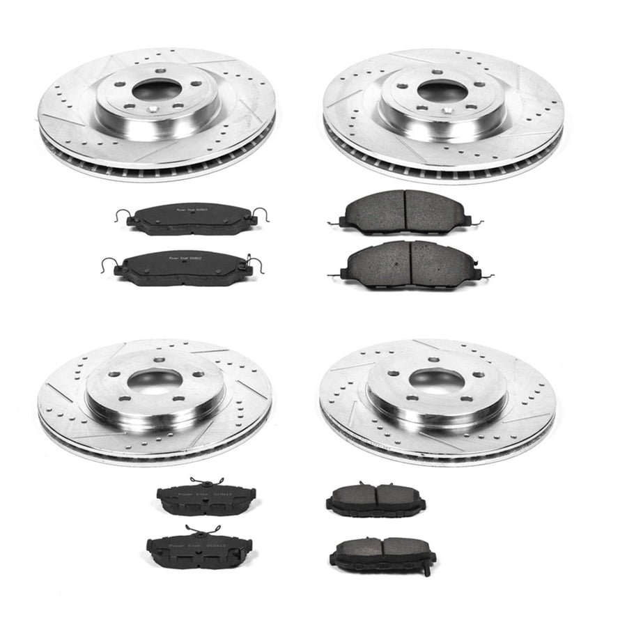 Power Stop K5943 Z23 Carbon Fiber Brake Pads Front and Rear with Drilled & Slotted Brake Rotors Kit For Ford Mustang 2011-2014 [Model Specific]