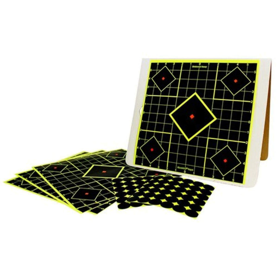 Shoot-N-C BIRCHWOOD CASEY 12" Target Kit for Sight-In Shooting - Easy to Assemble Heavy-Duty Self-Standing Cardboard A-Frame Target Stand & 4 12" Self-Adhesive Reactive Targets with 72 Repair Pasters