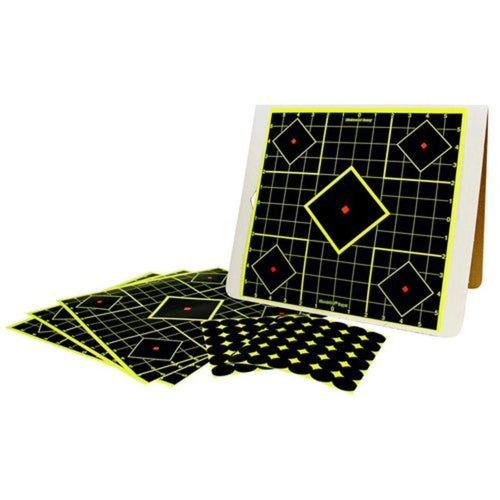 Shoot-N-C BIRCHWOOD CASEY 12" Target Kit for Sight-In Shooting - Easy to Assemble Heavy-Duty Self-Standing Cardboard A-Frame Target Stand & 4 12" Self-Adhesive Reactive Targets with 72 Repair Pasters