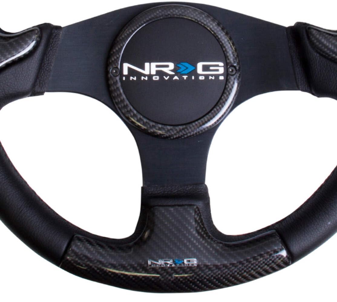 NRG Innovations Carbon Fiber NRG-ST-014CFBK Steering Wheel 350mm, Black Frame Black Stitching with Rubber Cover Horn Button