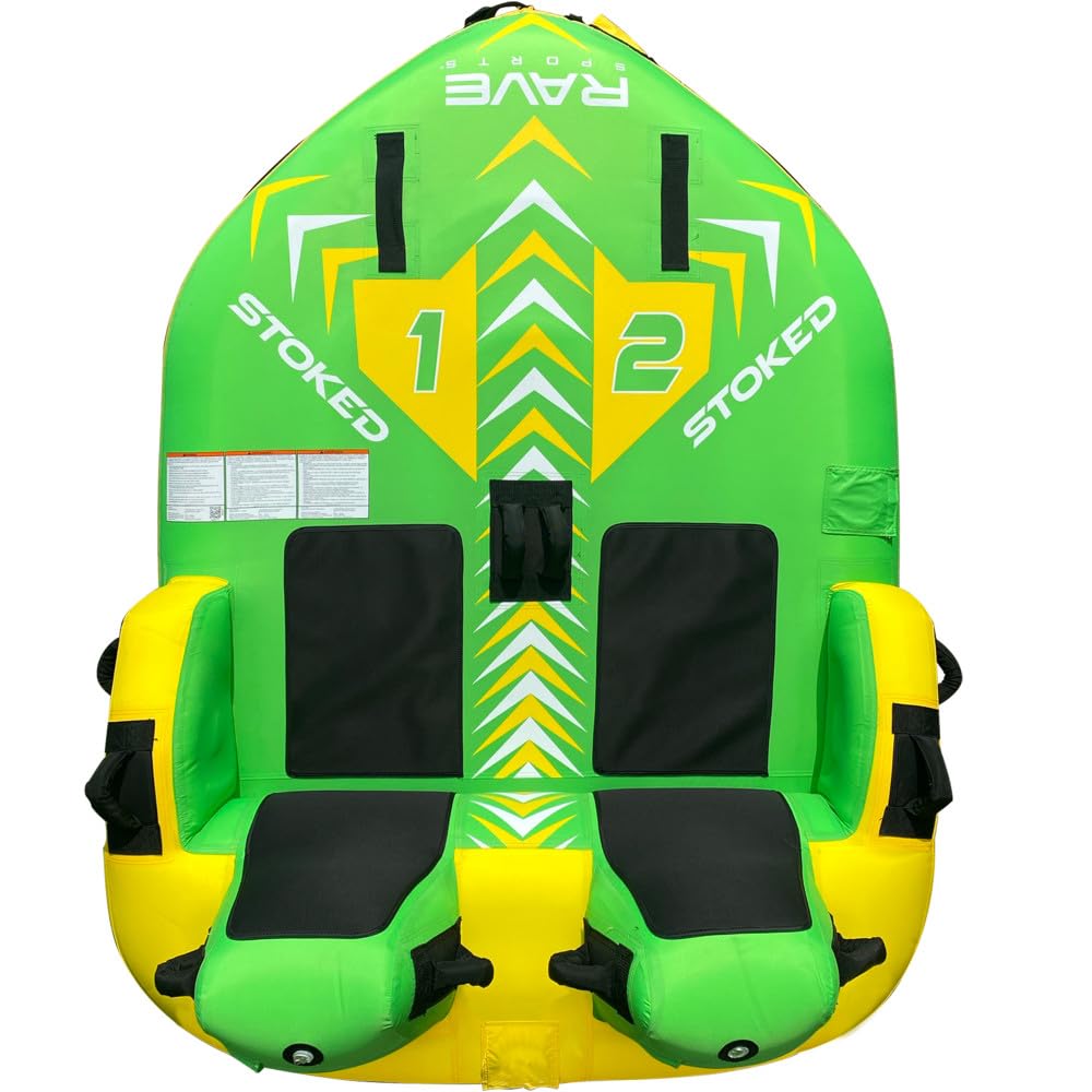 RAVE Sports Towable Tube Stoked, 1-2 Riders, Dual Tow Points, Stable Couch-Style Seats with Backrest, Durable Nylon Cover, Neoprene Padding, Foam-Filled Reinforced Handles, Boat Towables-Tubes