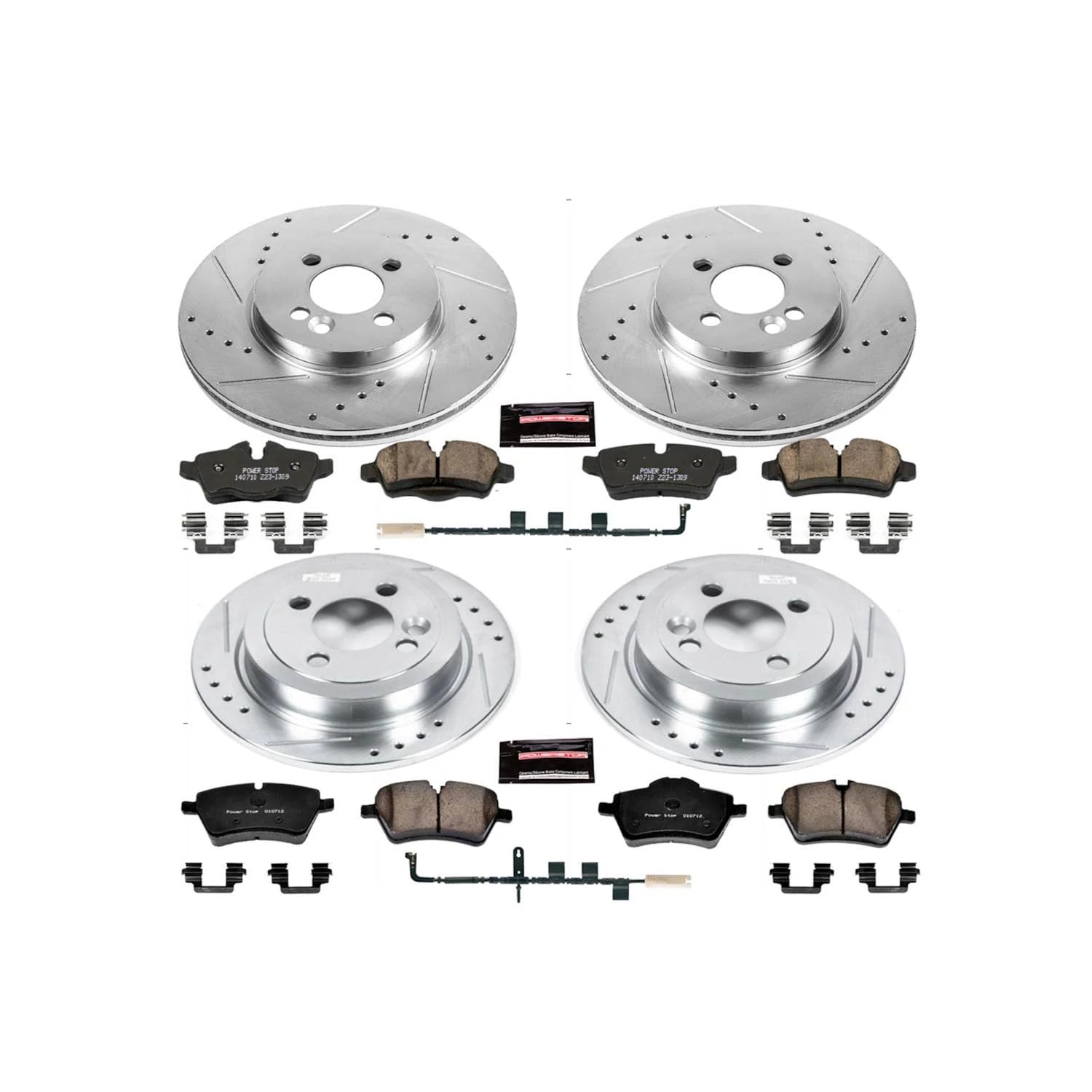 Power Stop K6301 Z23 Carbon Fiber Brake Pads Front and Rear with Drilled & Slotted Brake Rotors Kit and 1 Front & 1 Rear Sensor Wires For Mini Cooper 2007-2010 [Model Specific]