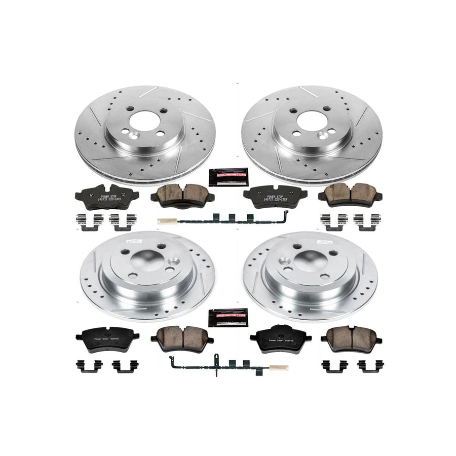 Power Stop K6301 Z23 Carbon Fiber Brake Pads Front and Rear with Drilled & Slotted Brake Rotors Kit and 1 Front & 1 Rear Sensor Wires For Mini Cooper 2007-2010 [Model Specific]