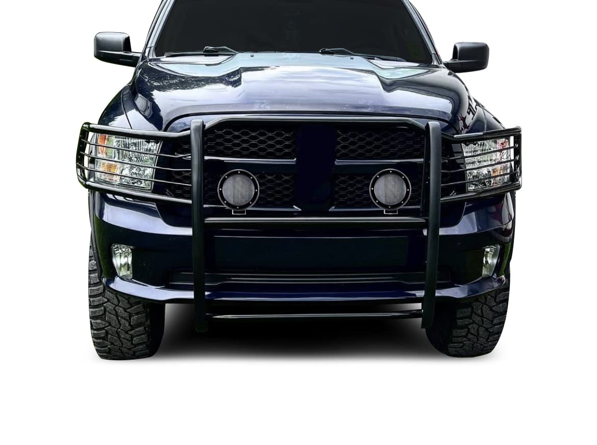 Bumper Guard Black Horse Grille Brush Modular Come with Pair of 5.3" Dia.LED Lights with Black Trim Rings Compatible with 2009-2018 Dodge Ram 1500|2019-2024 Ram 1500 Classic-17DG109MA-PLFB