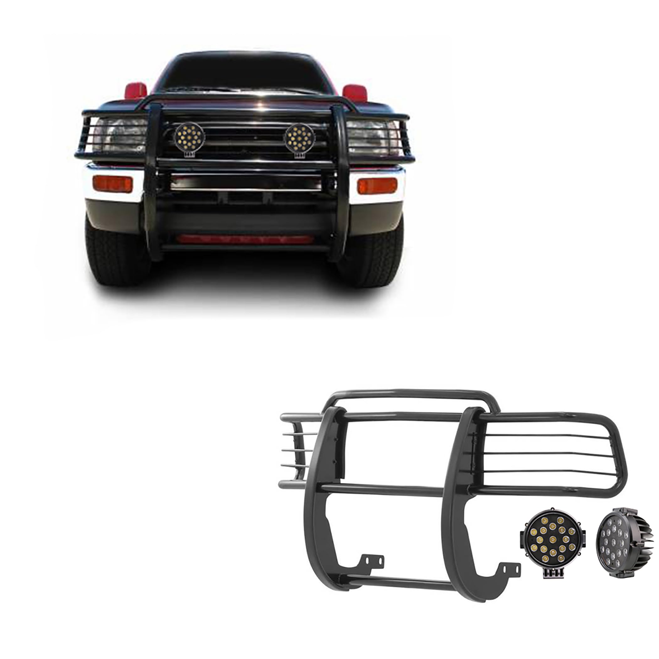 Bumper Guard Modular Black Horse Grille brush Come With pair of 7.0"Dia.LED Lights with Black Trim Rings Compatible with 1996-1998 Toyota 4Runner|1998-2000 Toyota Tacoma-17T80202MA-PLB