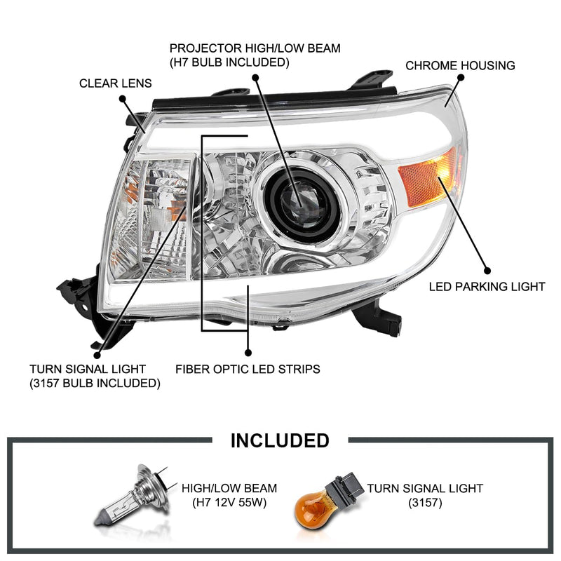 Chrome Projector Headlights Spec-D Tuning w/LED Tube Compatible with 2005-2011 Toyota Tacoma, Left + Right Pair Headlamps Assembly