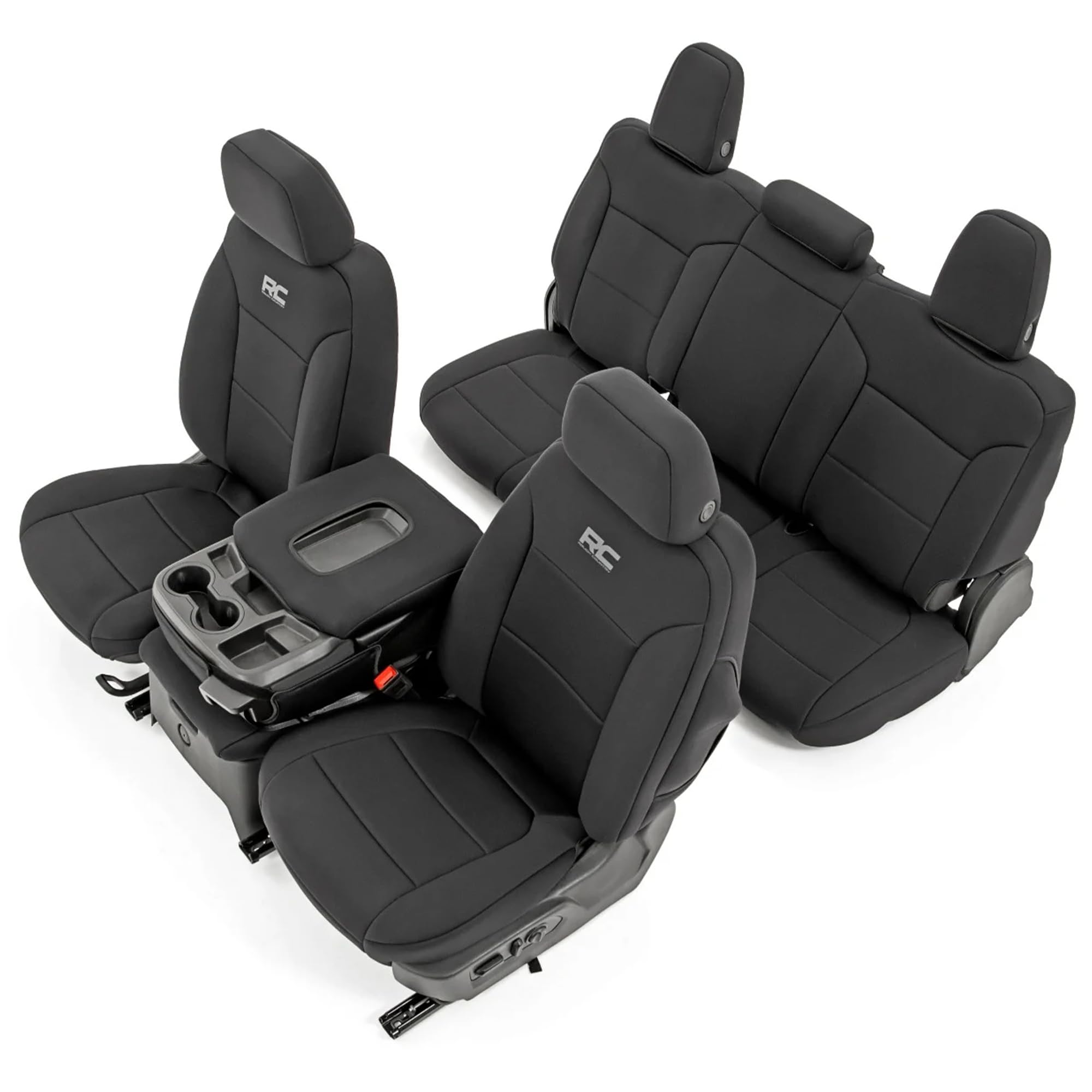 Rough Country Neoprene Seat Covers for GMC Sierra & Chevy Silverado 1500 (2019-2026) w/No Rear Seat Storage or Cup Holder - Waterproof & UV Resistant, Foam Padded, Front & Rear Row Cover Set