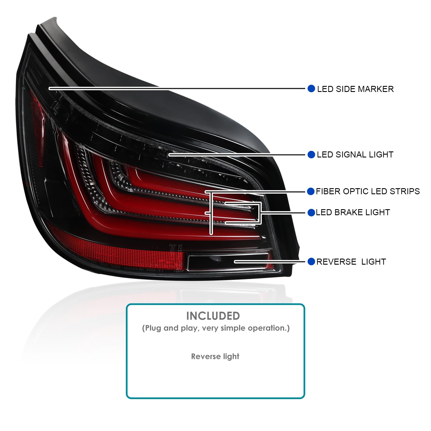 Jet Black Housing SPEC-D TUNING Red LED Bar Tail Lights Compatible with 2008-2010 BMW E60 5-Series 4 Door, Left + Right Pair Assembly