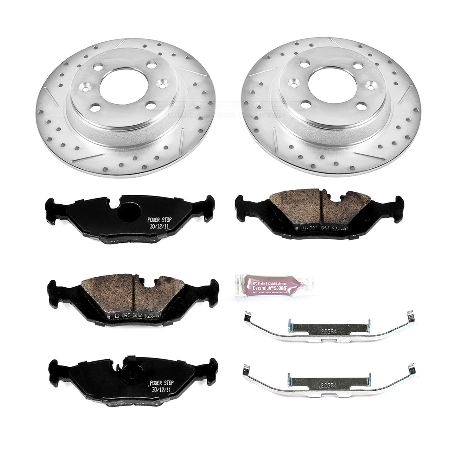 Power Stop K367 Rear Brake Pads Z23 Carbon Fiber with Drilled & Slotted Brake Rotors Kit For Saab 900 1988-1993, Saab 9000 1988-1998 [Model Specific]