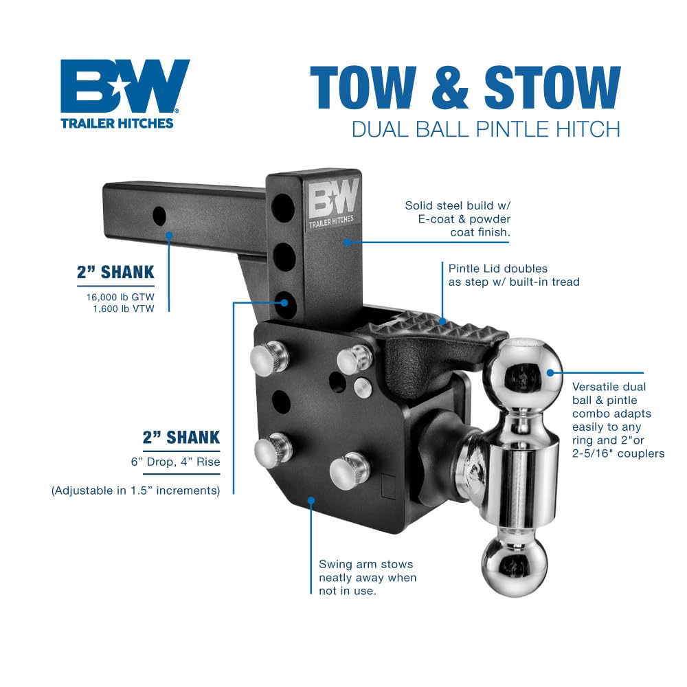 Dual Ball B&W Trailer Hitches Pintle Tow & Stow - Fits 2" Receiver, Dual Ball (2" x 2-5/16"), 6" Drop, 16,000 GTW -TS10053B