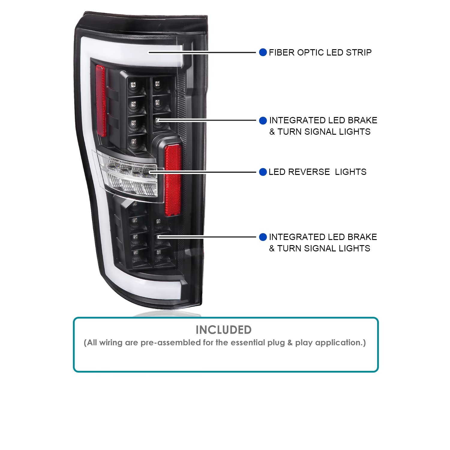 Matte Black LED Tail Lights w/White LED Tube SPEC-D TUNING Compatible with 2017-2019 Ford F250/350/450/550, Left + Right Pair Tail Lamp Assembly