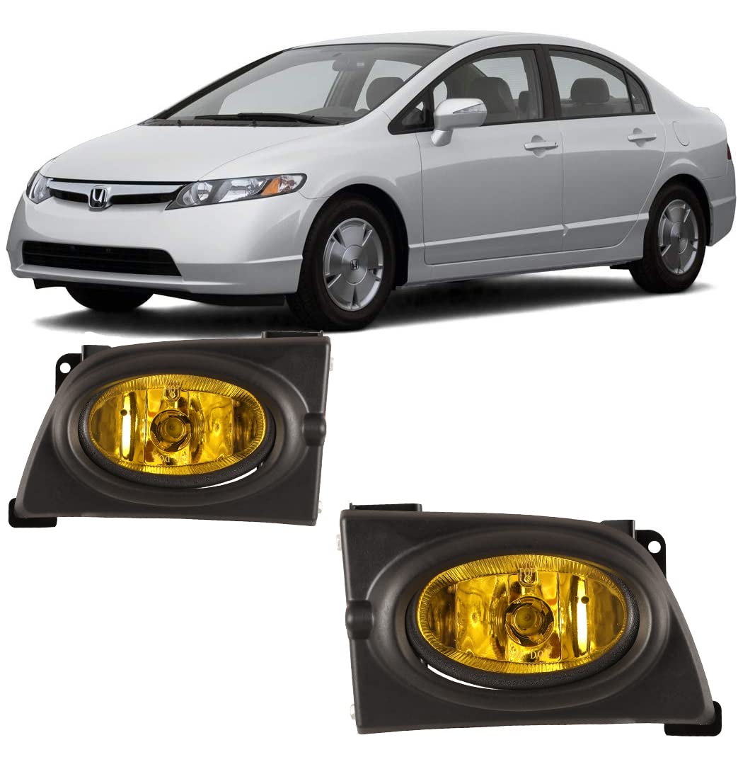 Fog Lights Winjet Compatible With 2006-2008 Honda Civic | Polycarbonate Resin Yellow With Wiring Kit Foglight Foglamp Lamps | 2007