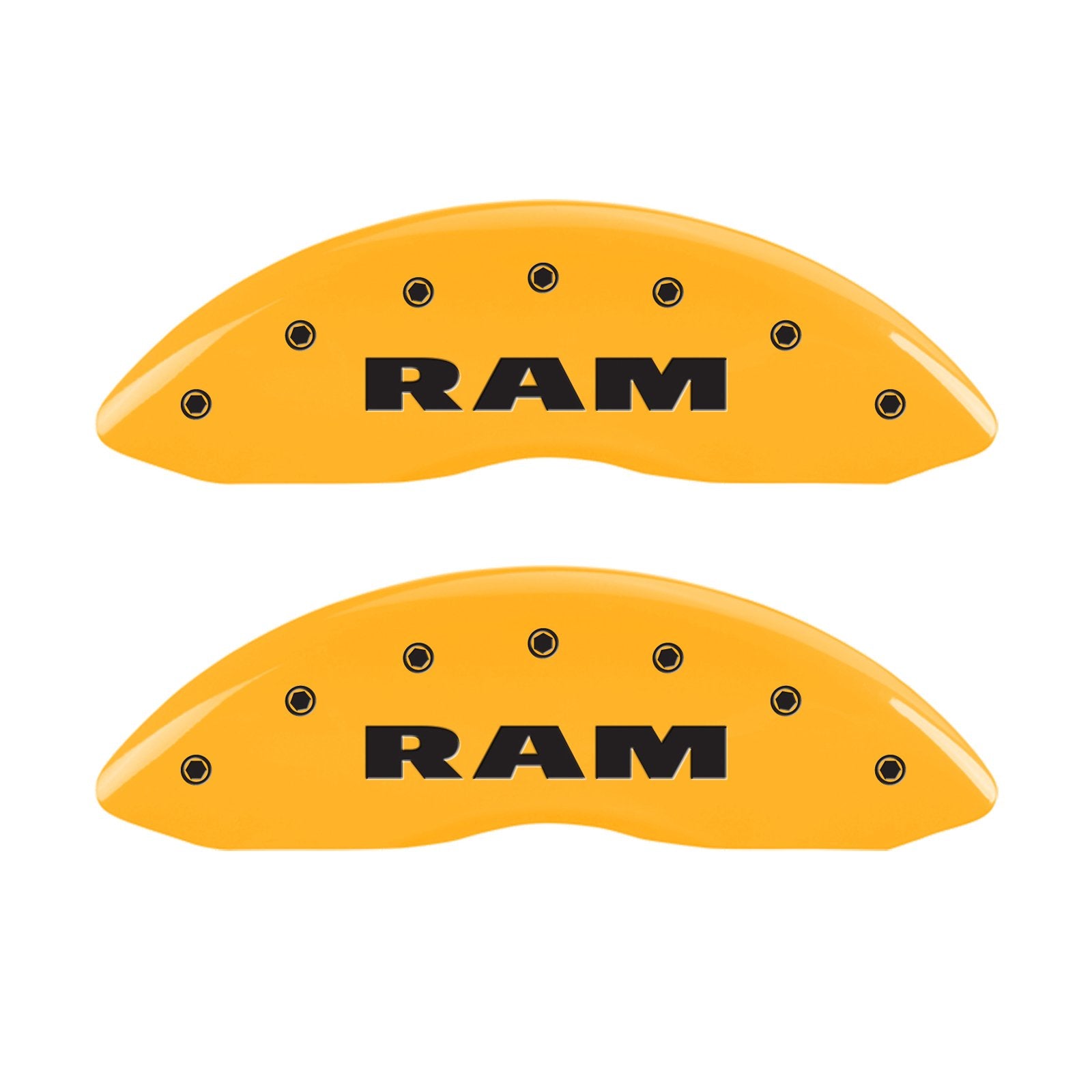 Caliper Covers MGP Compatible with 2011-2018 RAM 2500 & 3500 (Requires 18"+ Wheels) Powder-Coated Finish, 4 PCS Front and Rear (Yellow - RAM Engraving)