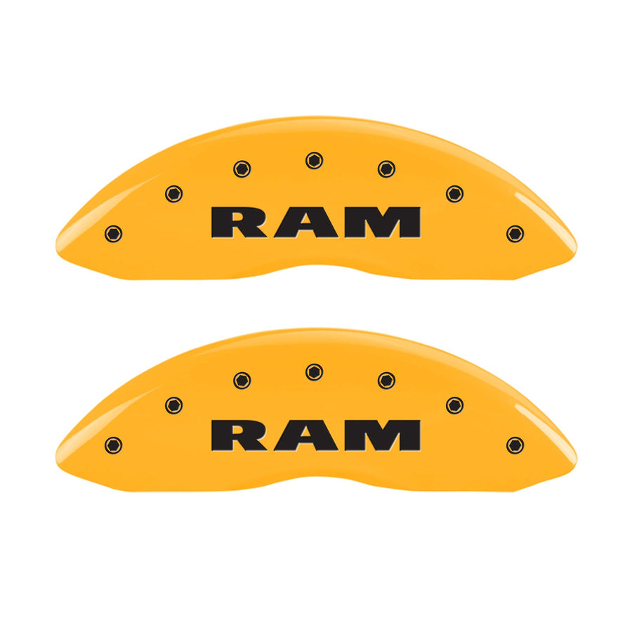 Caliper Covers MGP Compatible with 2011-2018 RAM 1500, 2019-2024 1500 Classic, 2013-23' 1500 Eco Diesel (Fits 18"+ Wheels) Powder-Coated Finish, 4 PCS Front and Rear (Yellow - RAM/Head Engraving)