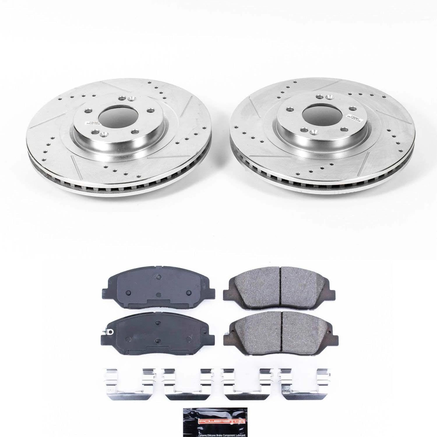 Power Stop K7513 Z23 Carbon Fiber Brake Pads Front with Drilled & Slotted Brake Rotors Kit For Hyundai Santa Fe 2017-2018, Hyundai Santa Fe XL 2019 [Model Specific]