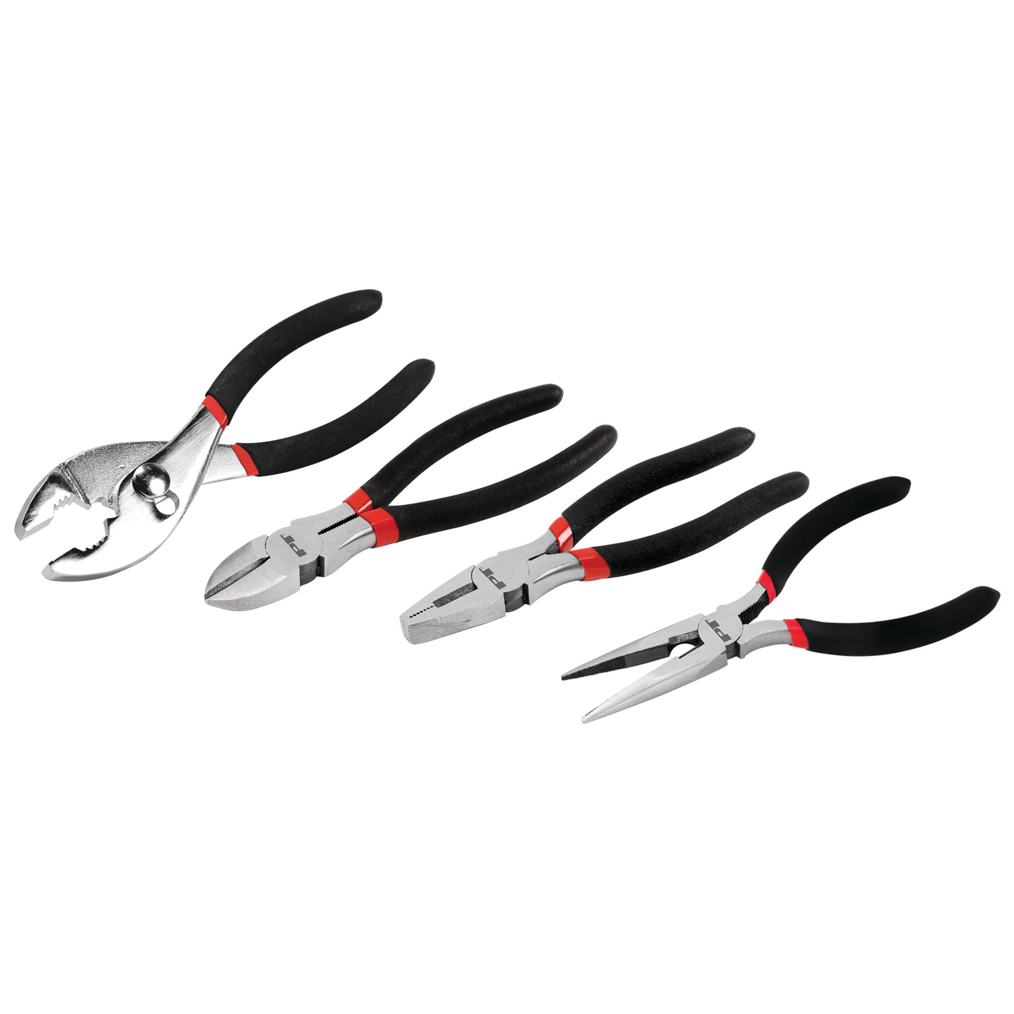 W1783 Performance Tool 4 Pc. Pliers Set - Cutting Pliers, Linesman Pliers, Long Nose Pliers, Slip Joint Pliers, Drop-Forged Steel, Cushioned Handles, Black/Red