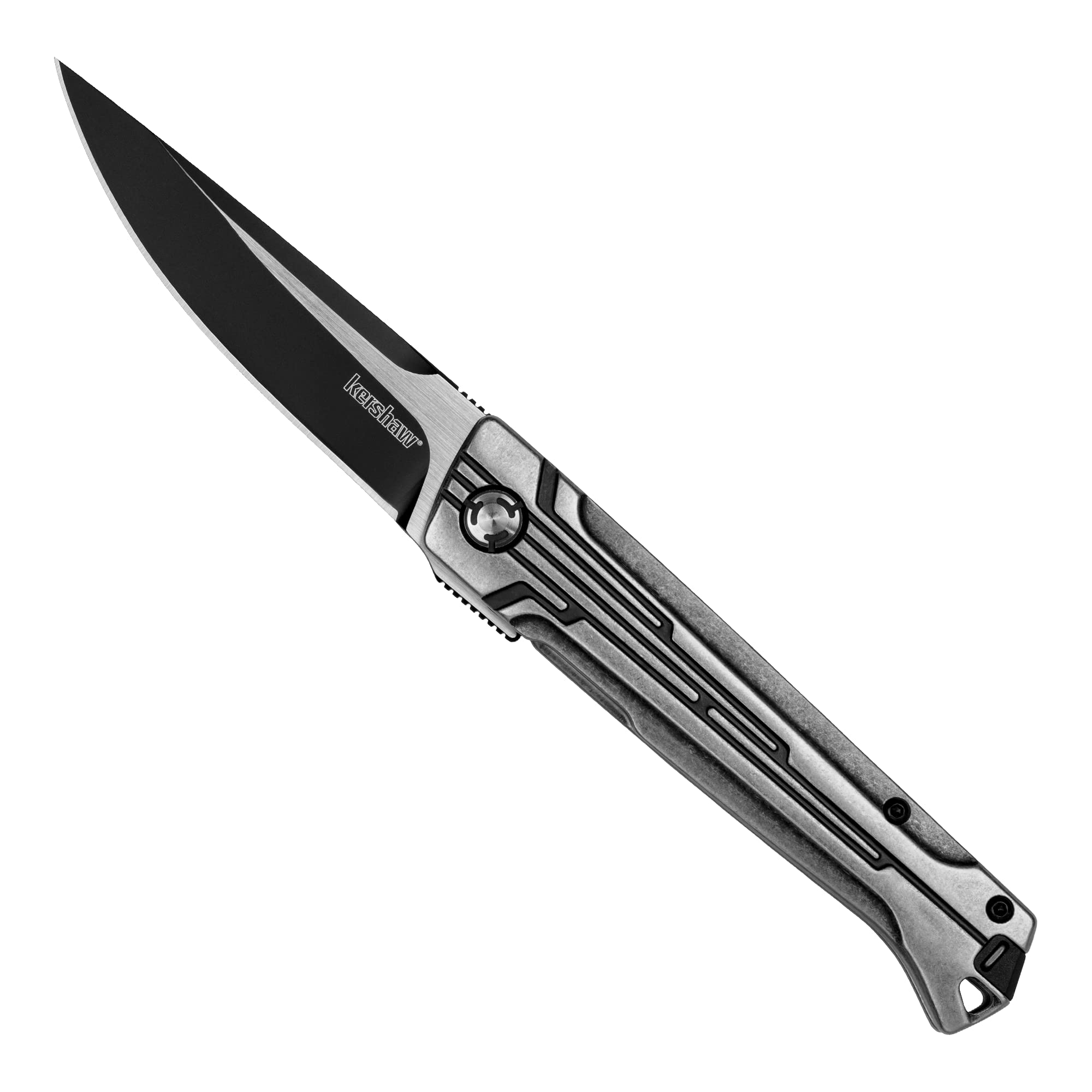 Kershaw Pocket Knife Noventa, 3.3 inch Stonewashed D2 Steel Blade with KVT Ball Bearings, Stainless Steel Handle, Pocketclip,black