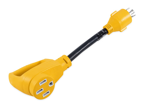 Camco Generator Adapter PowerGrip Camper/RV | Features a 4-Prong L14-30 Male End and a Standard 50-Amp Female End | Rated for 125/250 Volts & 7500 Watts (55422)