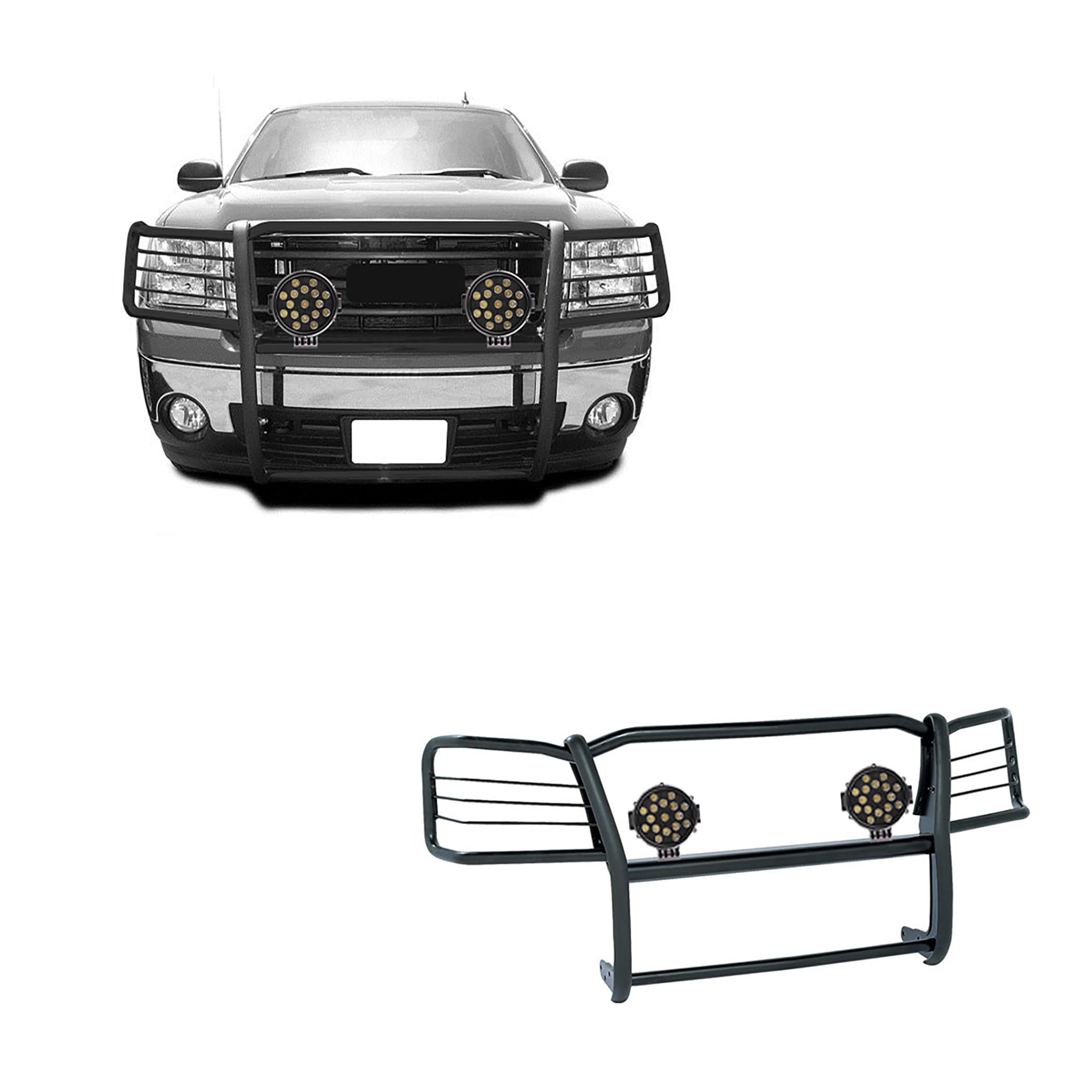 Bumper Guard Modular Black Horse Grille brush Come With pair of 7.0"Dia.LED Lights with Black Trim Rings Compatible with 2007-2013 GMC Sierra 1500-17GS10MA-PLB