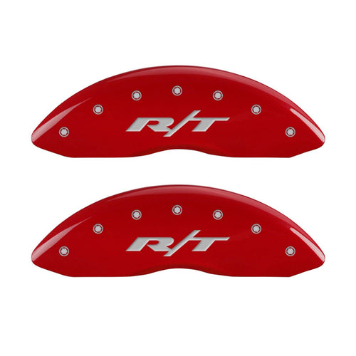 Caliper Covers MGP Compatible with 2011-2018 RAM 1500, 2019-2024 1500 Classic, 2013-23' 1500 Eco Diesel (Fits 18"+ Wheels) Powder-Coated Finish, 4 PCS Front and Rear (Red - RT1 Engraving)