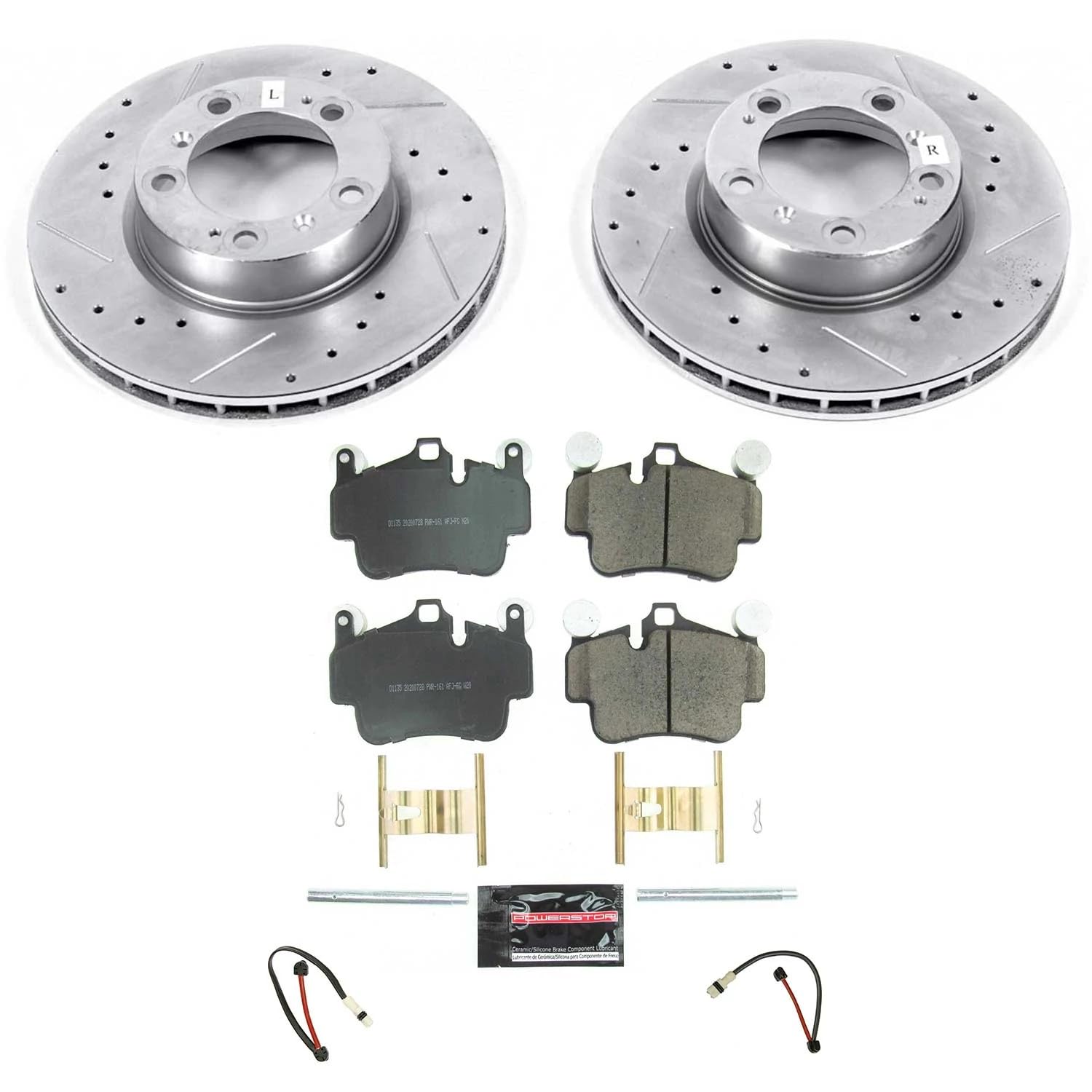 Power Stop K6731, Front Brake Kit-Drilled/Slotted Brake Rotors & Carbon Ceramic Brake Pads and 2 Front Sensor Wires For Porsche 911, Porsche Boxster, Porsche Cayman [Model Specific]