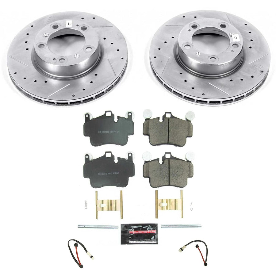 Power Stop K6731, Front Brake Kit-Drilled/Slotted Brake Rotors & Carbon Ceramic Brake Pads and 2 Front Sensor Wires For Porsche 911, Porsche Boxster, Porsche Cayman [Model Specific]
