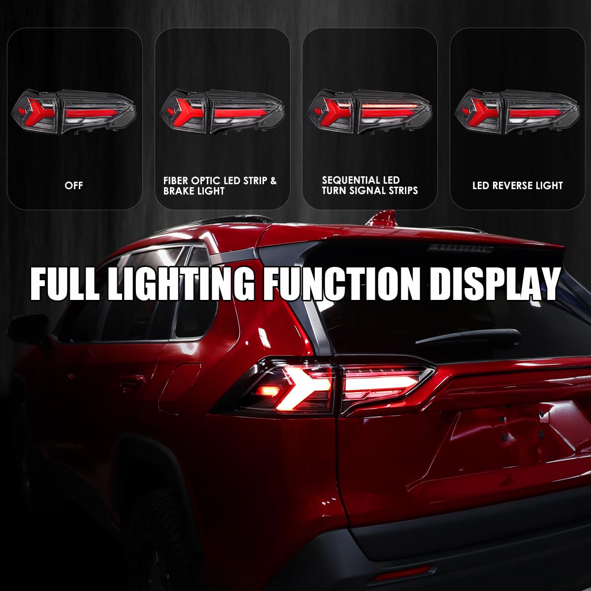 LED Sequential Tail Lights SPEC-D TUNING Glossy Black w/Red Bar Compatible with 2019-2023 Toyota RAV4, Left + Right Pair Assembly