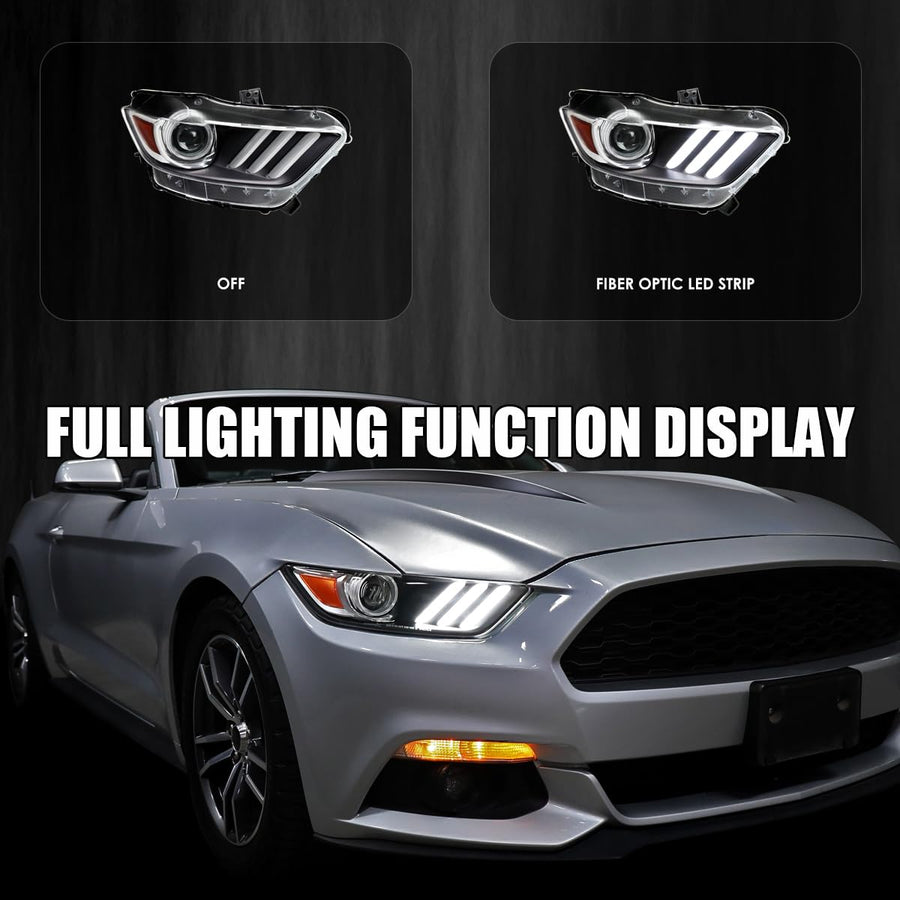 Black OE Style SPEC-D TUNING Projector Headlights w/LED Bar Compatible with 2015-2017 Ford Mustang, Left + Right Pair Headlamps Assembly