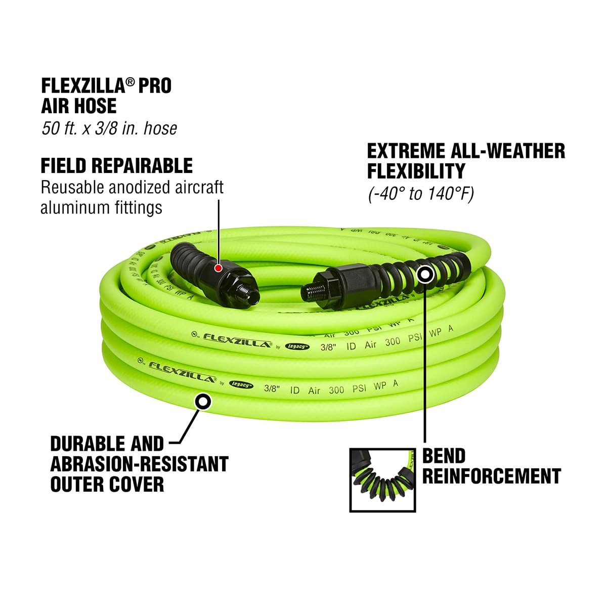 Flexzilla Pro Air Hose, 50 ft. x 3/8 in., Heavy Duty, Lightweight, Hybrid, ZillaGreen - HFZP3850YW2