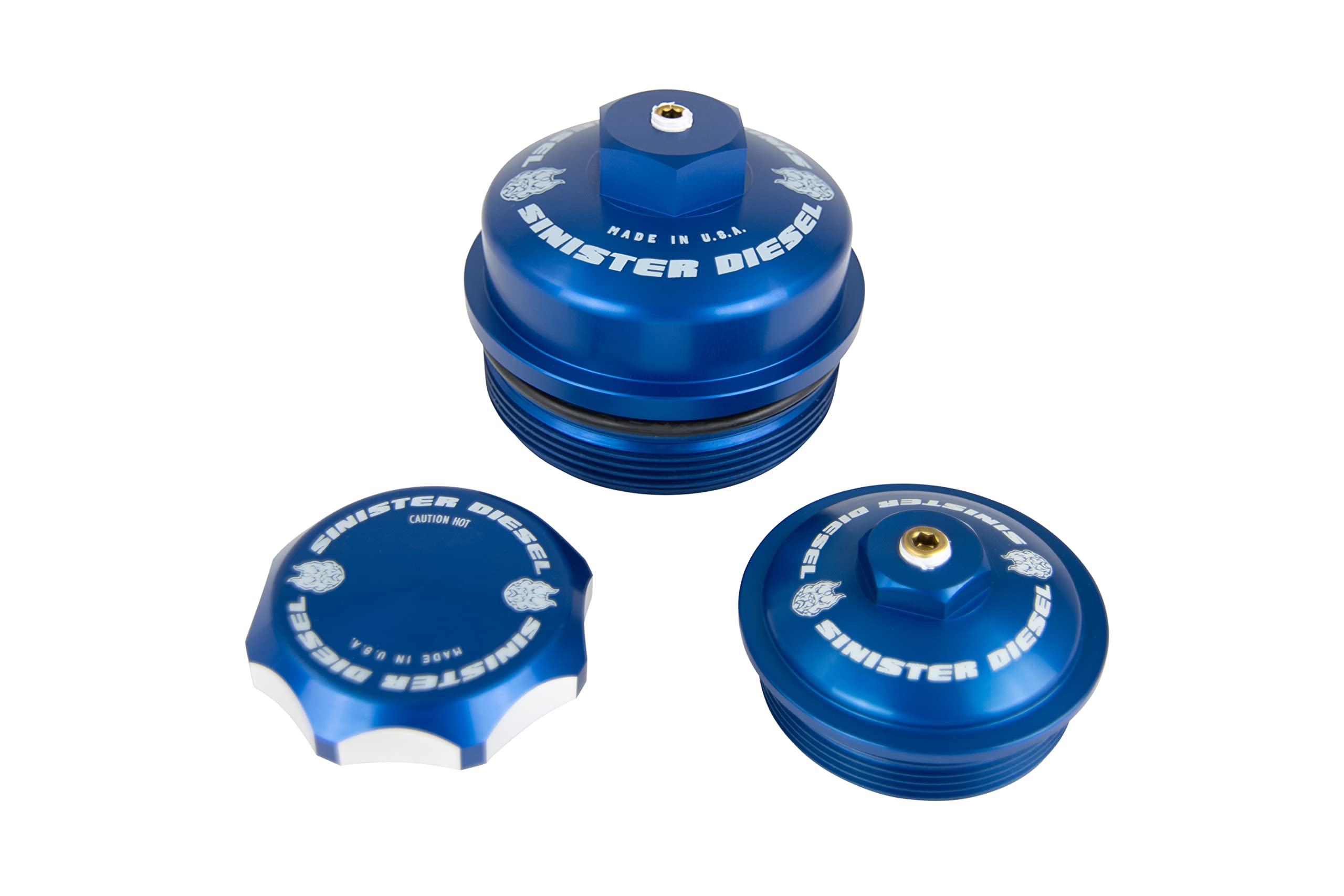 Billet Blue Cap Kit Sinister for 2003–2007 Ford Powerstroke 6.0L – Coolant Reservoir, Oil and Fuel Filter Cap Upgrade