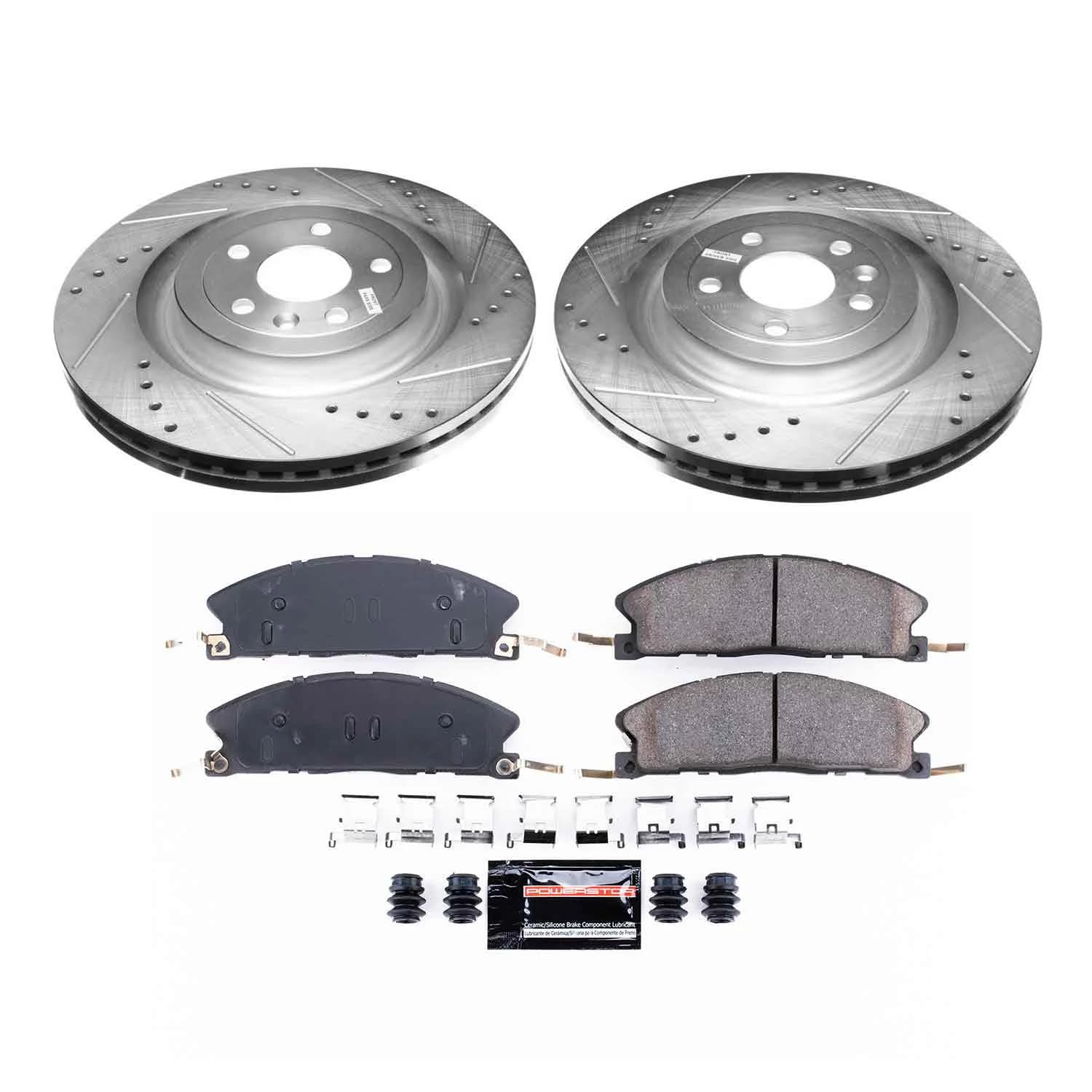 Power Stop K6374 Z23 Carbon Fiber Brake Pads with Drilled and Slotted Brake Rotors Kit For Ford Explorer Flex Taurus - Taurus SHO Lincoln MKS MKT