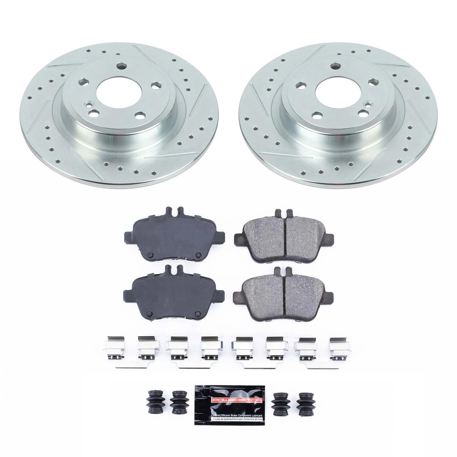 Power Stop K7377, Rear Brake Kit-Drilled/Slotted Brake Rotors & Carbon Ceramic Brake Pads For QX30, B Electric Drive, B250e, CLA250, GLA250 [Model Specific]