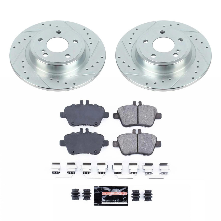 Power Stop K7377, Rear Brake Kit-Drilled/Slotted Brake Rotors & Carbon Ceramic Brake Pads For QX30, B Electric Drive, B250e, CLA250, GLA250 [Model Specific]