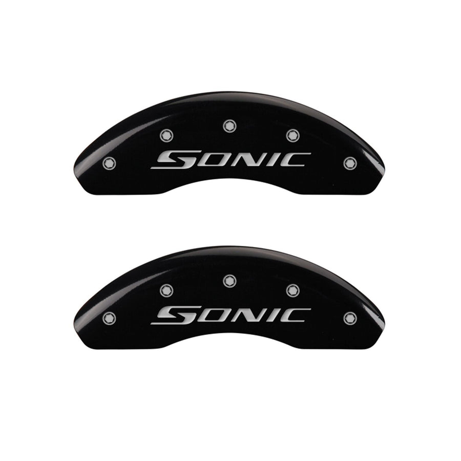 MGP 'SONIC' Caliper Covers 14213FSNCBK Engraved Caliper Cover with Black Powder Coat Finish and Silver Characters, (Set of 2)
