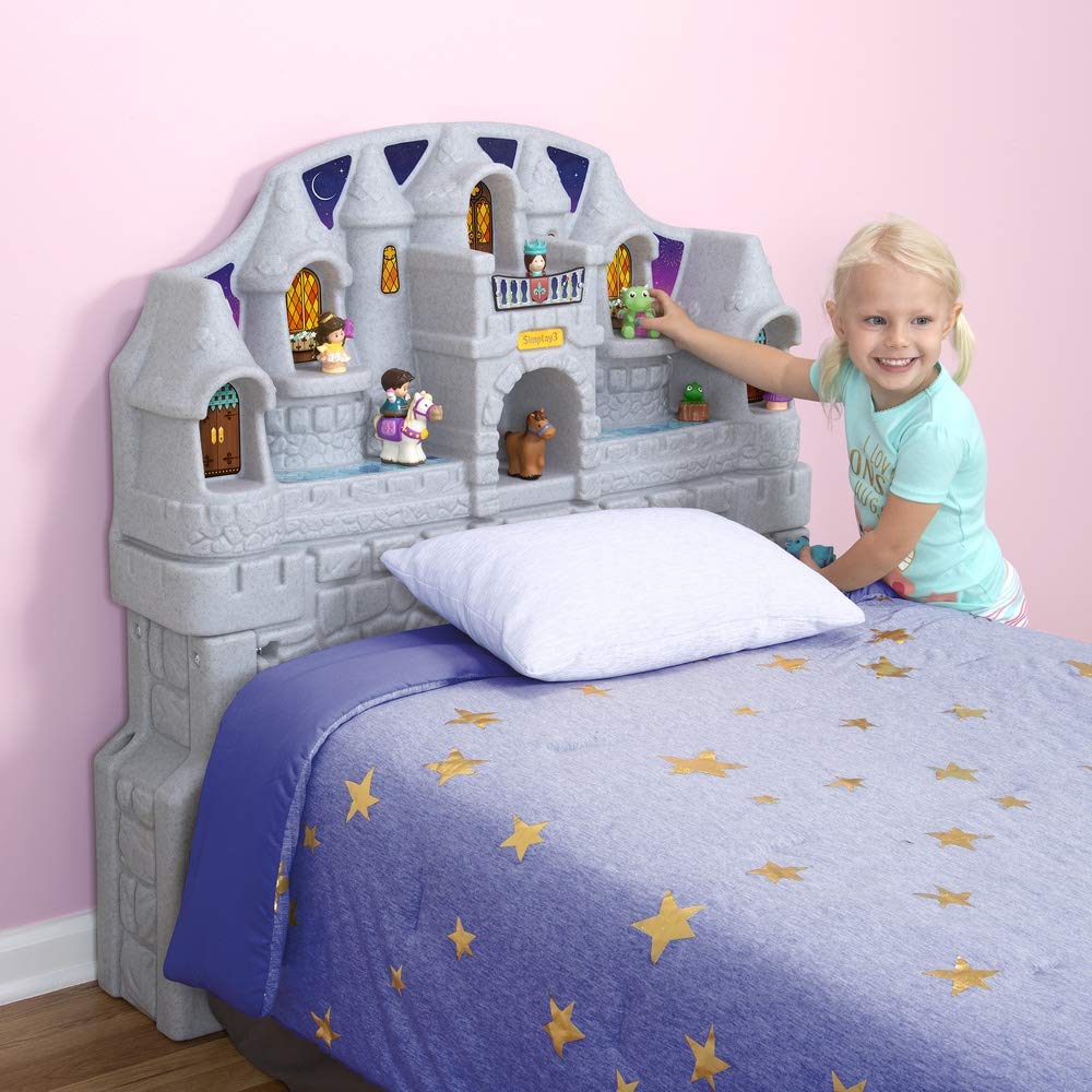 Twin Size Simplay3 Imagination Castle Headboard, Plastic Castle Bed headboard for Toddlers, Kids and Girls with Princess Toy Play Storage Area, Gray & Pink, Made in USA