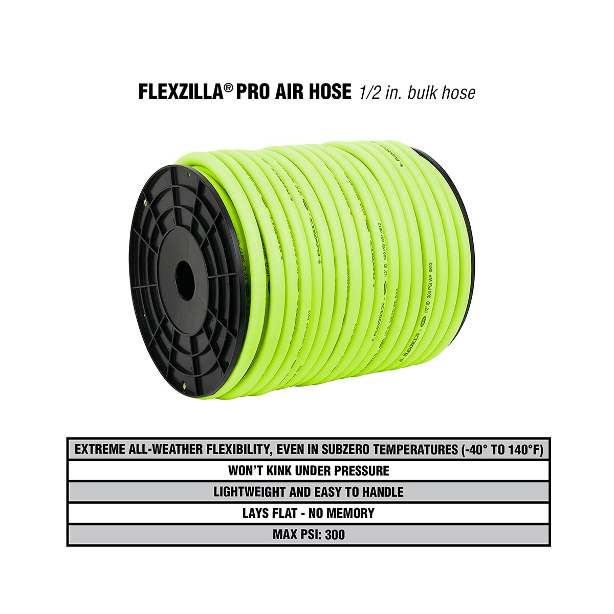 Bulk Plastic Spool Flexzilla Pro Air Hose, 1/2 in. x 250 ft, Heavy Duty, Lightweight, Hybrid, ZillaGreen - HFZ12250YW