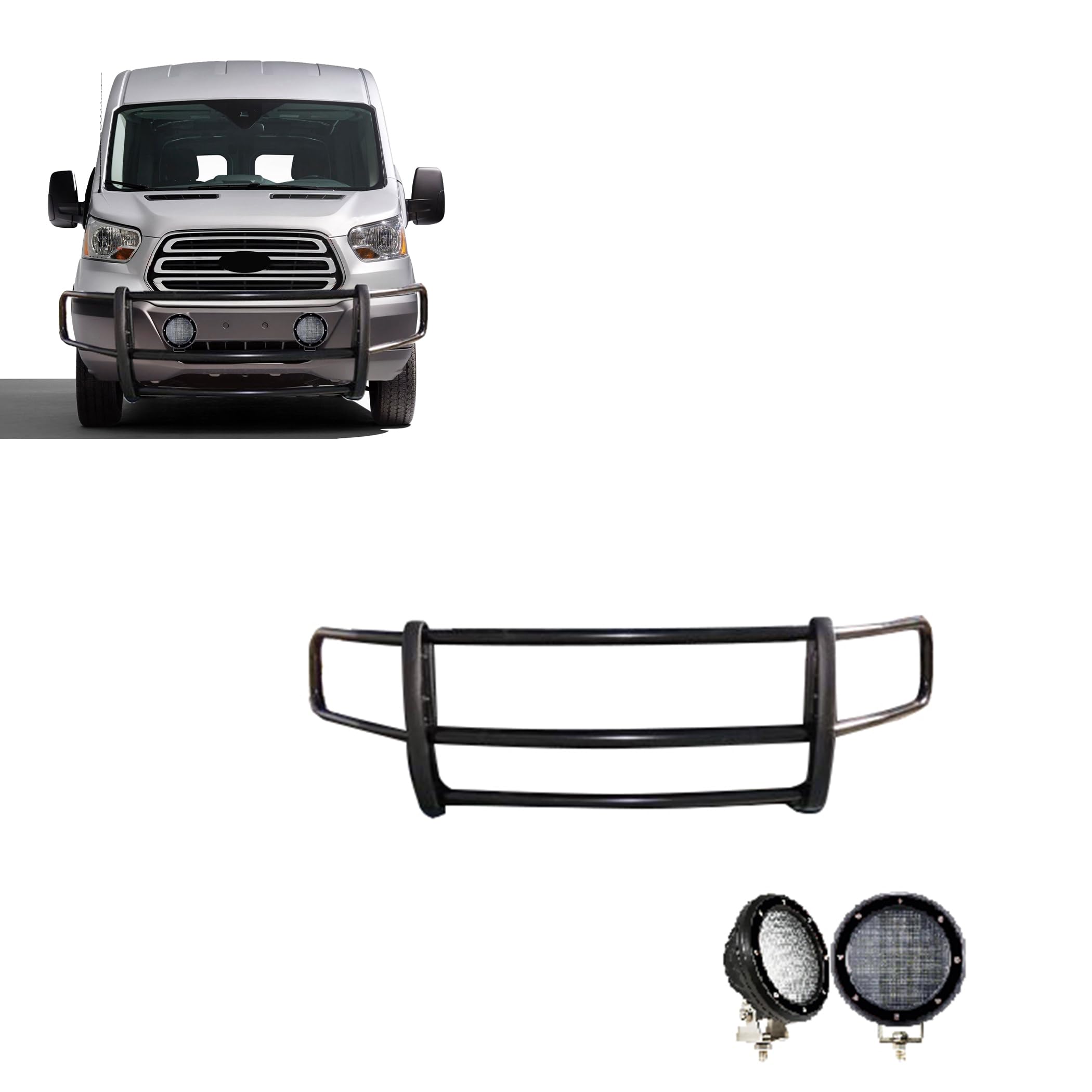 Spartan Black Horse Grille Brush Bumper Guard Modular Come with Pair of 5.3" LED Light Compatible with 2020-2025 Ford Transit-350 HD 2WD/Transit-250 2WD/Transit-150 2WD Full Size-17FT20MA-PLFB