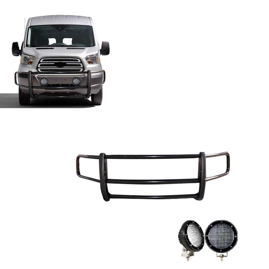 Spartan Black Horse Grille Brush Bumper Guard Modular Come with Pair of 5.3" LED Light Compatible with 2020-2025 Ford Transit-350 HD 2WD/Transit-250 2WD/Transit-150 2WD Full Size-17FT20MA-PLFB