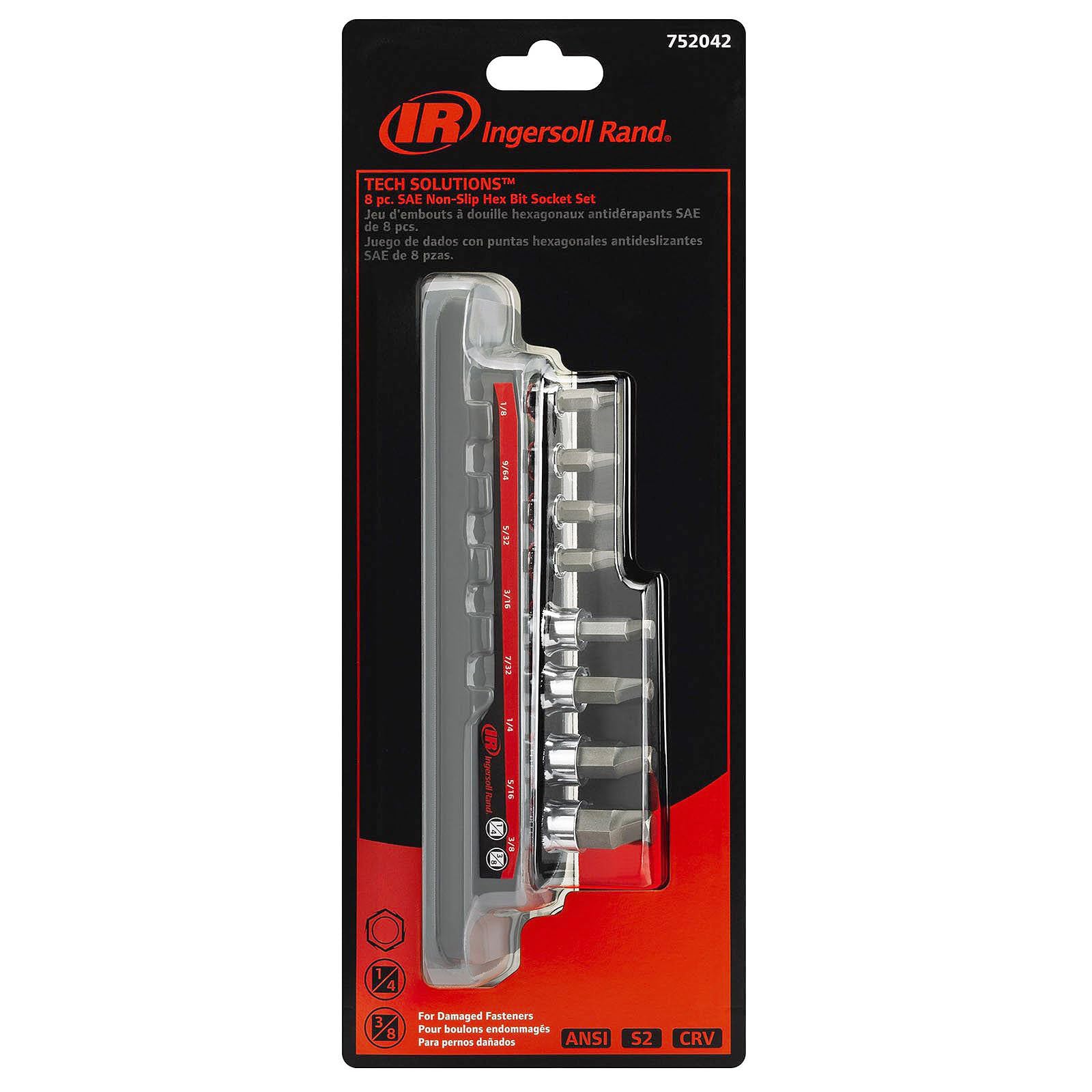 8 Piece Ingersoll Rand SAE Damaged Fastener Remover Set, Hex Bit Socket Kit for Rounded and Stripped Bolts, Thermoform Socket Storage Tray - 752042